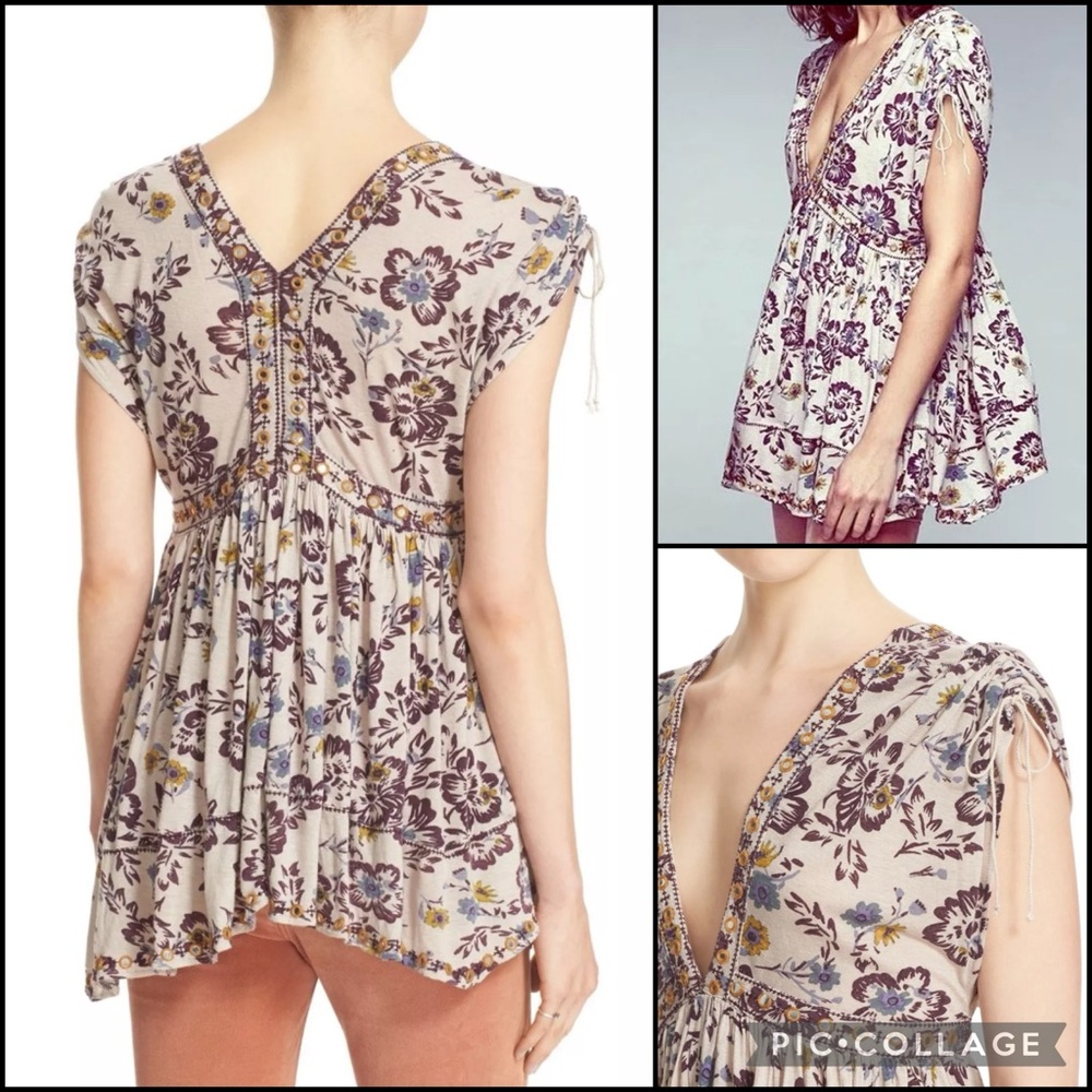 Free People Linen Blend Floral Handkerchief Hem Peasant Blouse Top